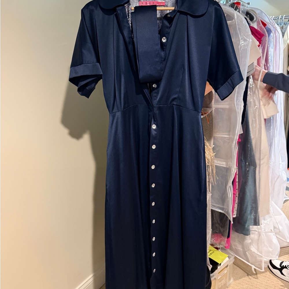 BURU Blue Maxi Dress with Peter Pan Collar and belted Tie Front